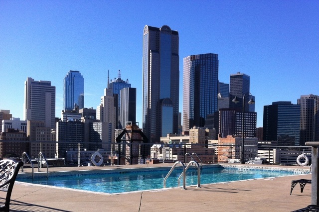 Leak Professionals Services: Pool with Dallas Skyline